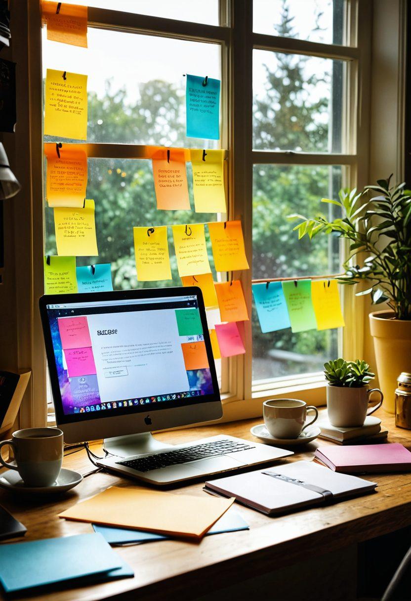 A visually appealing workspace with a laptop open displaying a blog interface, surrounded by colorful sticky notes, books about blogging strategies, and a steaming cup of coffee. Soft sunlight filters through a window, casting a warm glow over the scene, creating an inviting atmosphere for creativity. super-realistic. vibrant colors. cozy aesthetic.