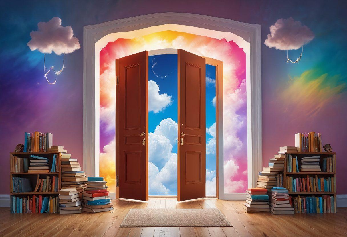 A vibrant, open door symbolizing opportunity and creativity, surrounded by colorful, whimsical elements representing various blogging themes like writing tools, computers, and ideas taking flight. A light bulb above the door radiates inspiration, while a path made of books leads toward the horizon. super-realistic. vibrant colors. inspirational theme.