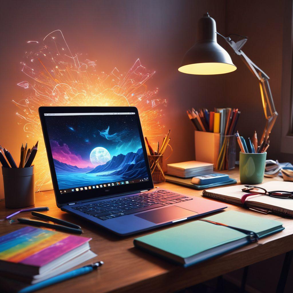 A dynamic workspace filled with colorful notebooks, a laptop displaying writing software, and scattered creative tools like pens and a digital tablet. Surrounding the desk, inspiring book covers float in the air, each representing different storytelling genres, while ethereal, glowing lines of text weave around the scene, symbolizing creativity and connection. The atmosphere is vibrant and energetic, evoking a sense of inspiration. super-realistic. vibrant colors. digital art.